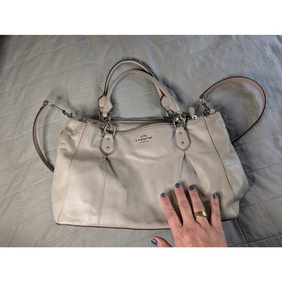 Coach Leather Satchel Taupe Greige Crossbody Bag Silver Hardware Zip Top Pockets - Picture 11 of 14